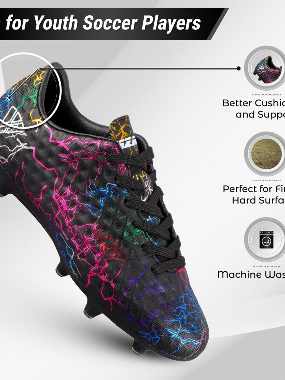 Vizari Jnr’s Sz 5 Black Athletic Soccer Cleats with Subtle Multicolor Accents